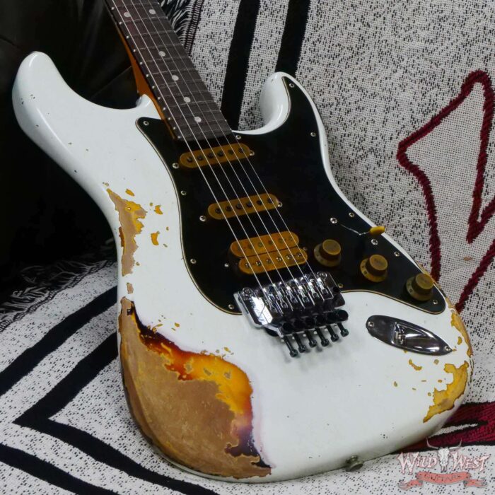 Fender Custom Shop Wild West White Lightning Stratocaster HSS Floyd Rose Rosewood Fingerboard Black Pickguard Heavy Relic Olympic White over 3 Tone Sunburst - Image 8