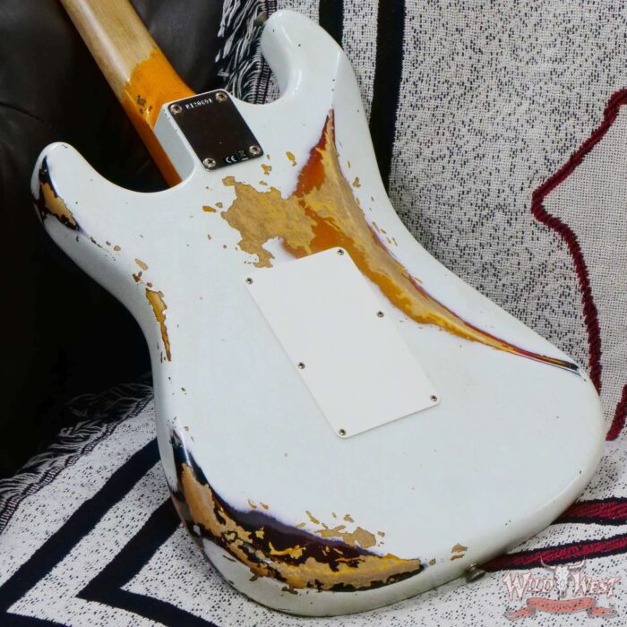 Fender Custom Shop Wild West White Lightning Stratocaster HSS Floyd Rose Rosewood Fingerboard Black Pickguard Heavy Relic Olympic White over 3 Tone Sunburst - Image 12