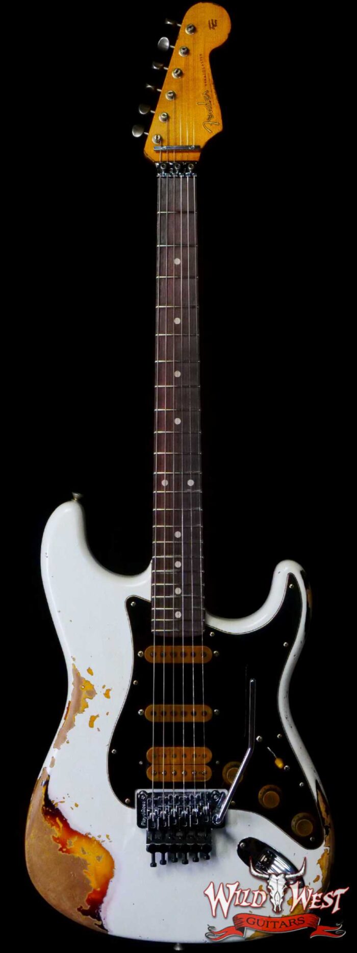Fender Custom Shop Wild West White Lightning Stratocaster HSS Floyd Rose Rosewood Fingerboard Black Pickguard Heavy Relic Olympic White over 3 Tone Sunburst - Image 1