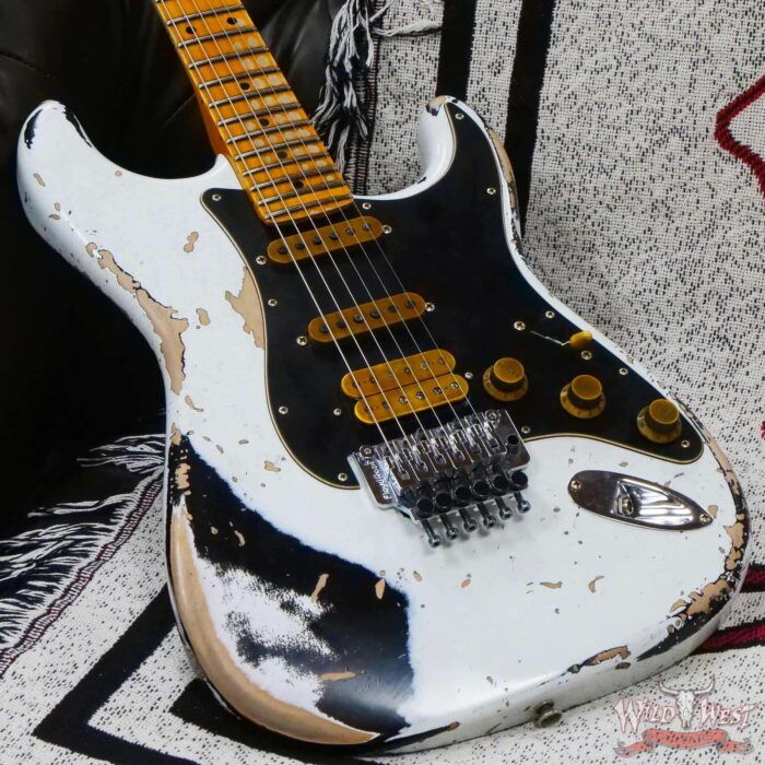 Fender Custom Shop Wild West White Lightning Stratocaster HSS Floyd Rose Maple Fingerboard Black Pickguard Heavy Relic Olympic White over Black - Image 8