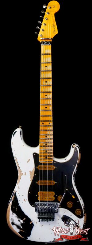 Fender Custom Shop Wild West White Lightning Stratocaster HSS Floyd Rose Maple Fingerboard Black Pickguard Heavy Relic Olympic White over Black