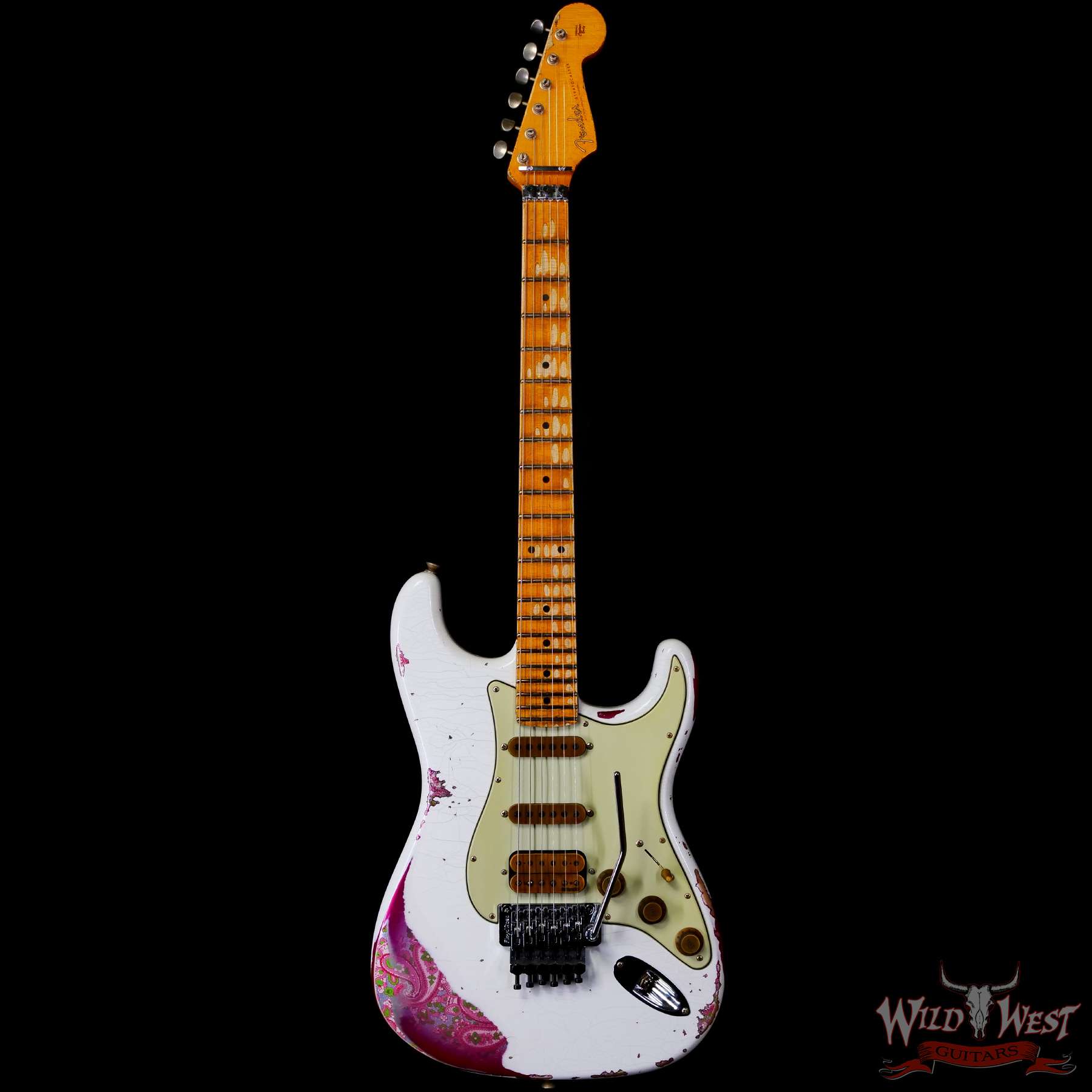 fendercs-wlfr-r130866-c1__wwg.jpg Fender Custom Shop Wild West White Lightning Stratocaster HSS Floyd Rose Maple Board 22 Frets Heavy Relic Pink Paisley 8.05 LBS - Image 3
