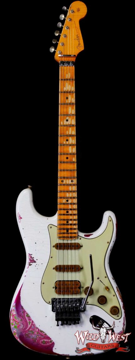 Fender Custom Shop Wild West White Lightning Stratocaster HSS Floyd Rose Maple Board 22 Frets Heavy Relic Pink Paisley 8.05 LBS