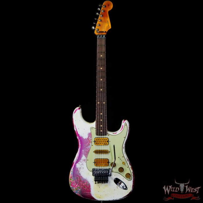 Fender Custom Shop Wild West White Lightning Stratocaster HSH Floyd Rose Rosewood Board 22 Frets Heavy Relic Pink Paisley - Image 3