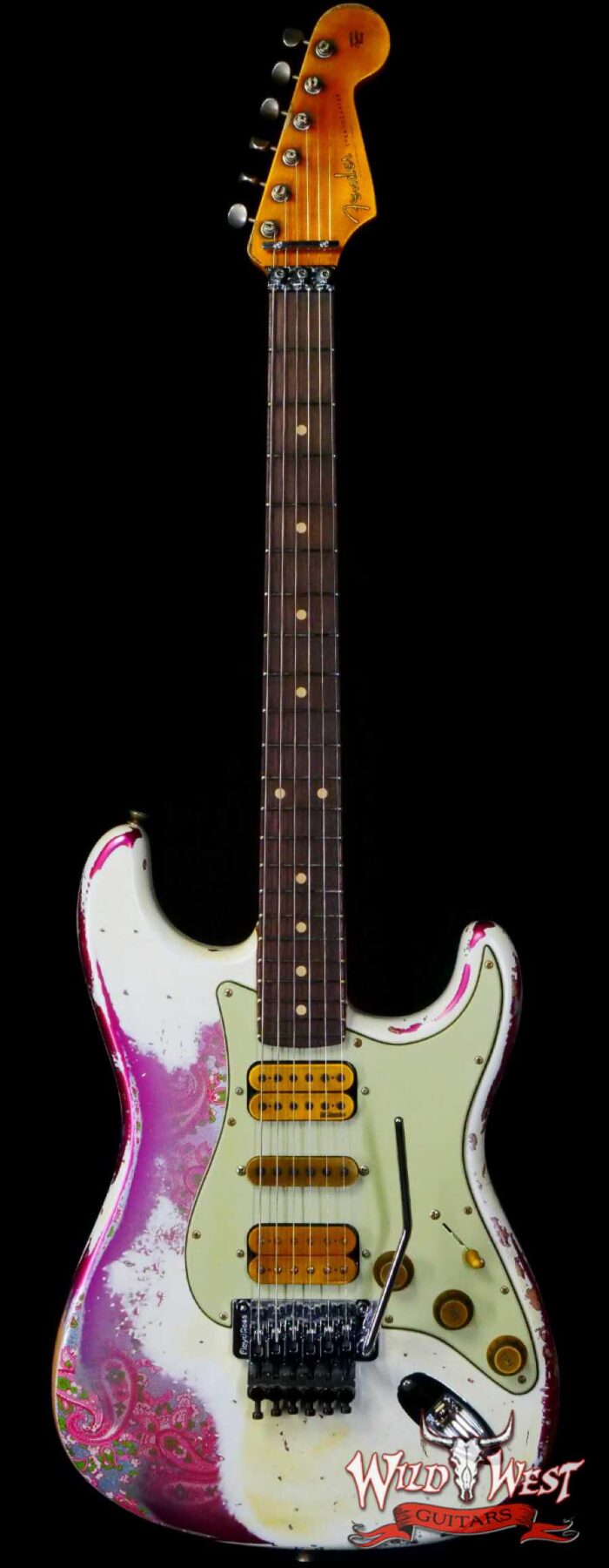 Fender Custom Shop Wild West White Lightning Stratocaster HSH Floyd Rose Rosewood Board 22 Frets Heavy Relic Pink Paisley - Image 1