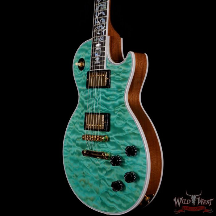 Gibson Custom Shop M2M Hand Selected 5A Quilt Maple Top Les Paul Custom Ebony Board with Tree of Life Inlay Aqua Blue - Image 2