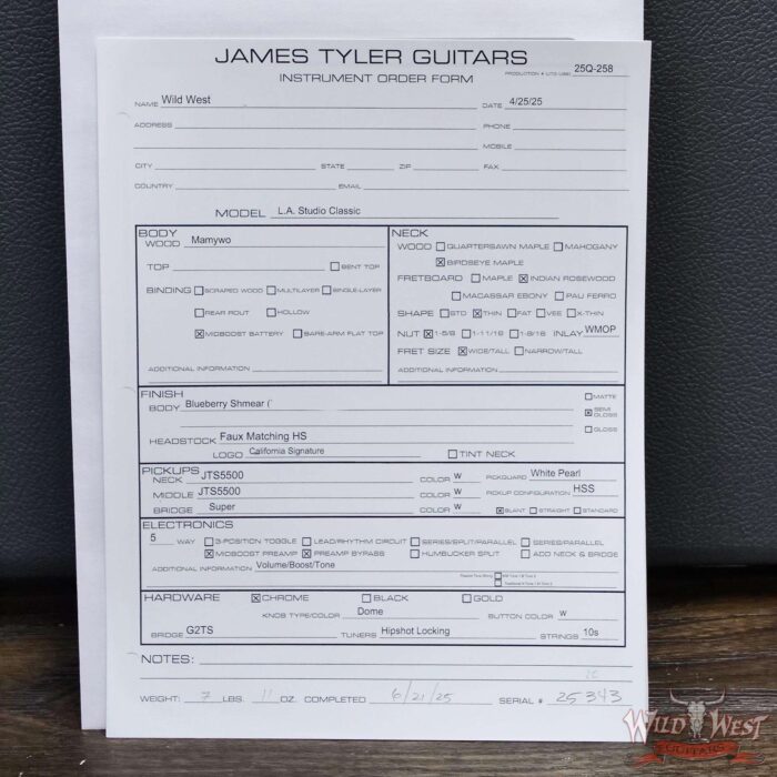 James Tyler USA LA Studio Classic HSS Mamywo Body with Birdeye Maple Neck Blueberry Shmear 7.70 lbs - Image 12