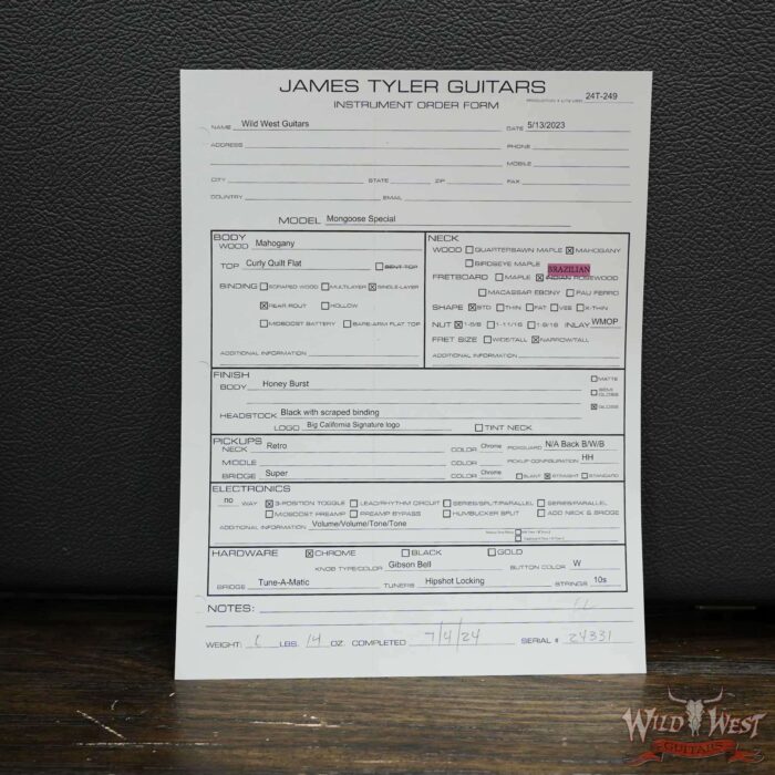 James Tyler USA Mongoose Special Quilted Maple Top Brazilian Rosewood Fingerboard Honey Burst 6.90 LBS (US Only / No International Shipping) - Image 13