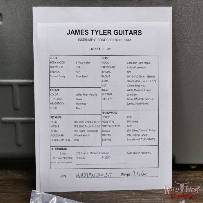 James Tyler JTG MK1 HSS Alder Body Maple Neck with Rosewood Fingerboard Pearl White 7.95 lbs - Image 11