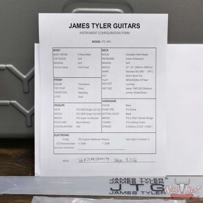 James Tyler JTG MK1 HSS Alder Body Maple Neck with Rosewood Fingerboard Chameleon 8.15 lbs - Image 12
