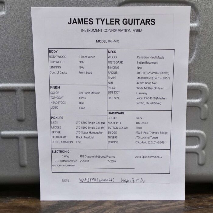 James Tyler JTG MK1 HSS Alder Body Maple Neck with Rosewood Fingerboard Jimburst 7.95 lbs - Image 13