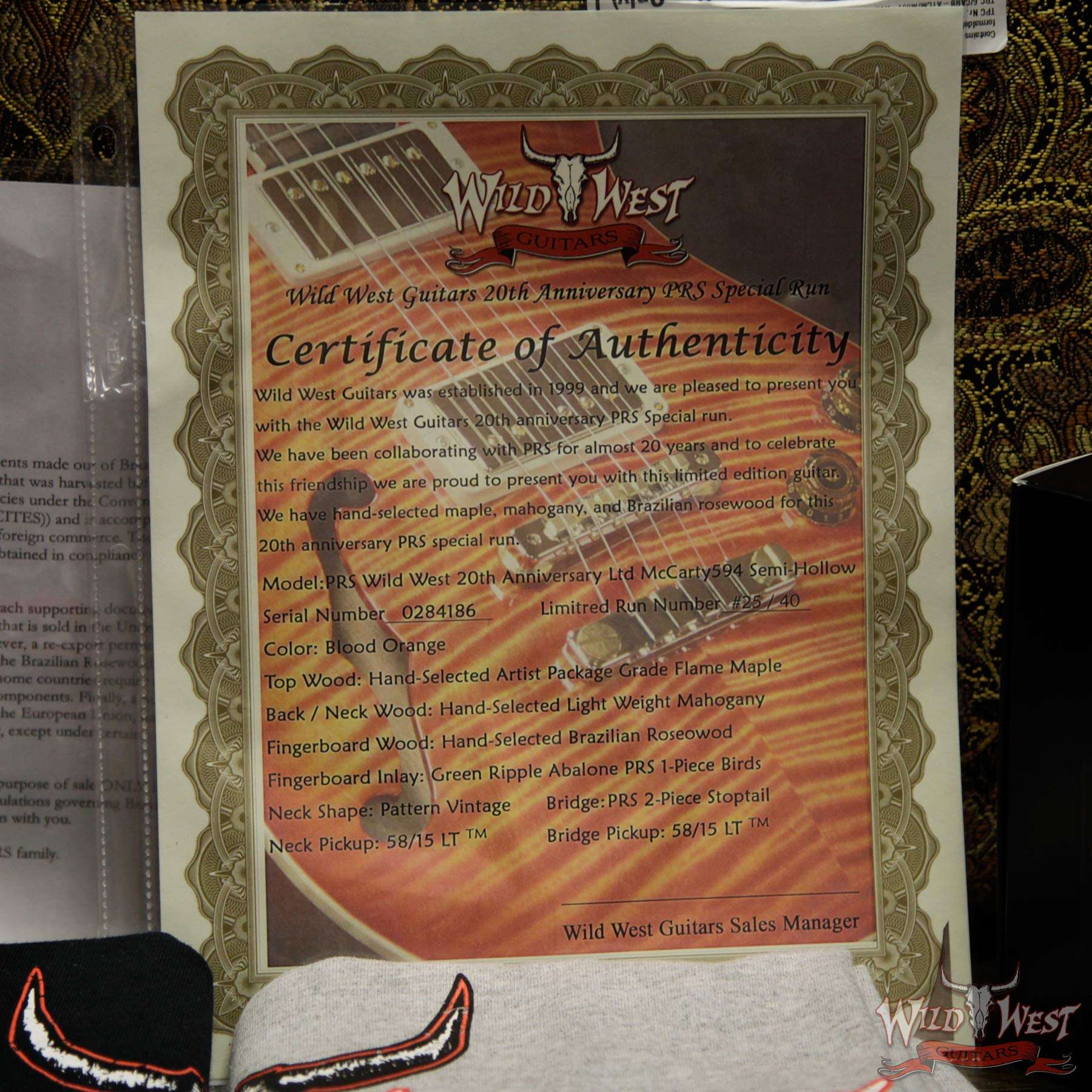 prs-20th-594sh-284186-coa__wwg.jpg PRS Wild West Guitars 20th Anniversary Limited Run # 25 of 40 Wood Library Artist Package Semi-Hollow McCarty 594 Blood Orange - Image 16