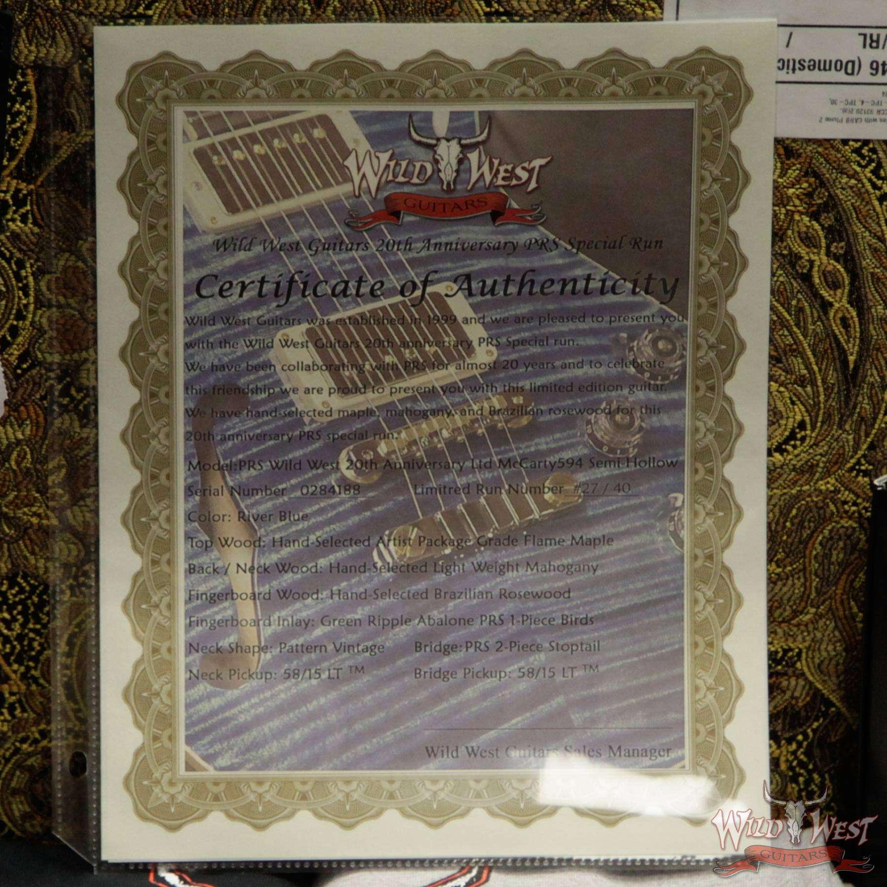 prs-20th-594sh-284188-coa__wwg.jpg PRS Wild West Guitars 20th Anniversary Limited Run # 27 of 40 Wood Library Artist Package Semi-Hollow McCarty 594 River Blue - Image 16