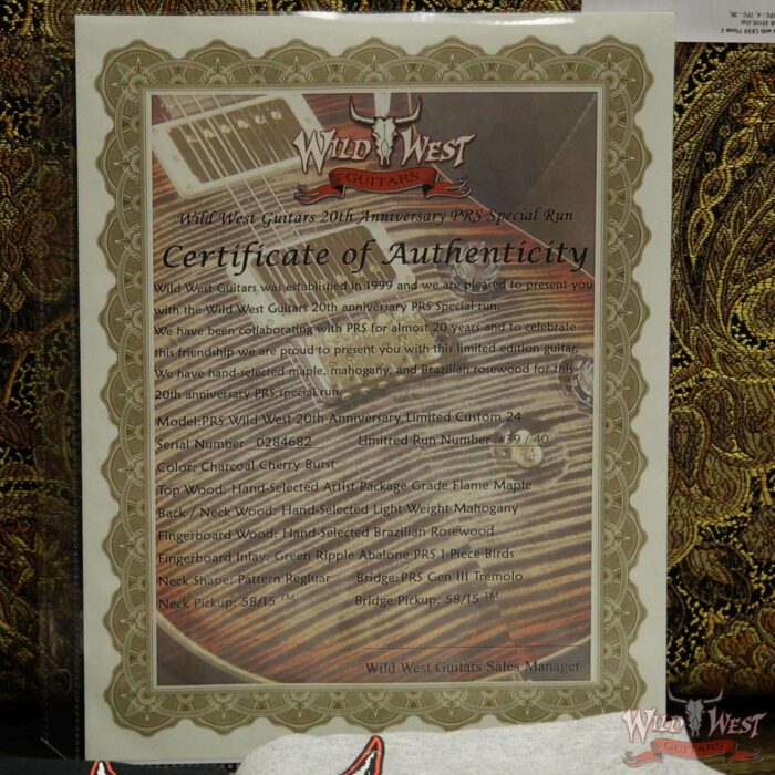 2019 PRS Wild West Guitars 20th Anniversary Limited Run # 39 of 40 Wood Library Artist Package Custom 24 Brazilian Rosewood Fingerboard Charcoal Cherry Burst - Image 15