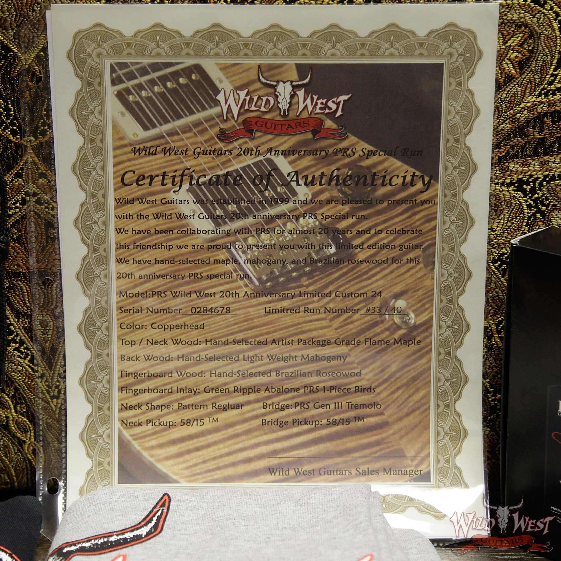 prs-20th-cu24fn-284678-coa__wwg.jpg PRS Wild West Guitars 20th Anniversary Limited Run # 33 of 40 Wood Library Artist Package Custom 24 Flame Maple Neck Copperhead - Image 16