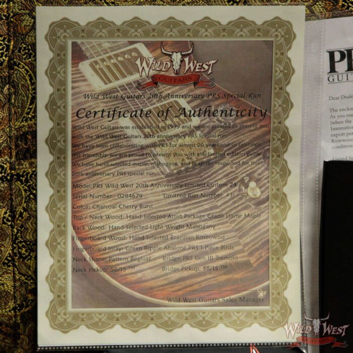 PRS Wild West Guitars 20th Anniversary Limited Run # 31 of 40 Wood Library Artist Package Custom 24 Flame Maple Neck Charcoal Cherry Burst - Image 17
