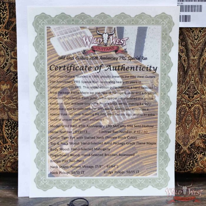 PRS Wild West Guitars 25th Anniversary Limited Run Wood Library Artist Package McCarty 594 Semi-Hollow Tiger Eye (Private Stock Color) 7.05 LBS (US Only / No International Shipping) - Image 12