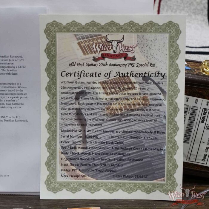 PRS Wild West Guitars 25th Anniversary Limited Run Wood Library Artist Package Hollowbody II Piezo Frostbite Fade (Private Stock Color) 5.40 LBS (US Only / No International Shipping) - Image 12