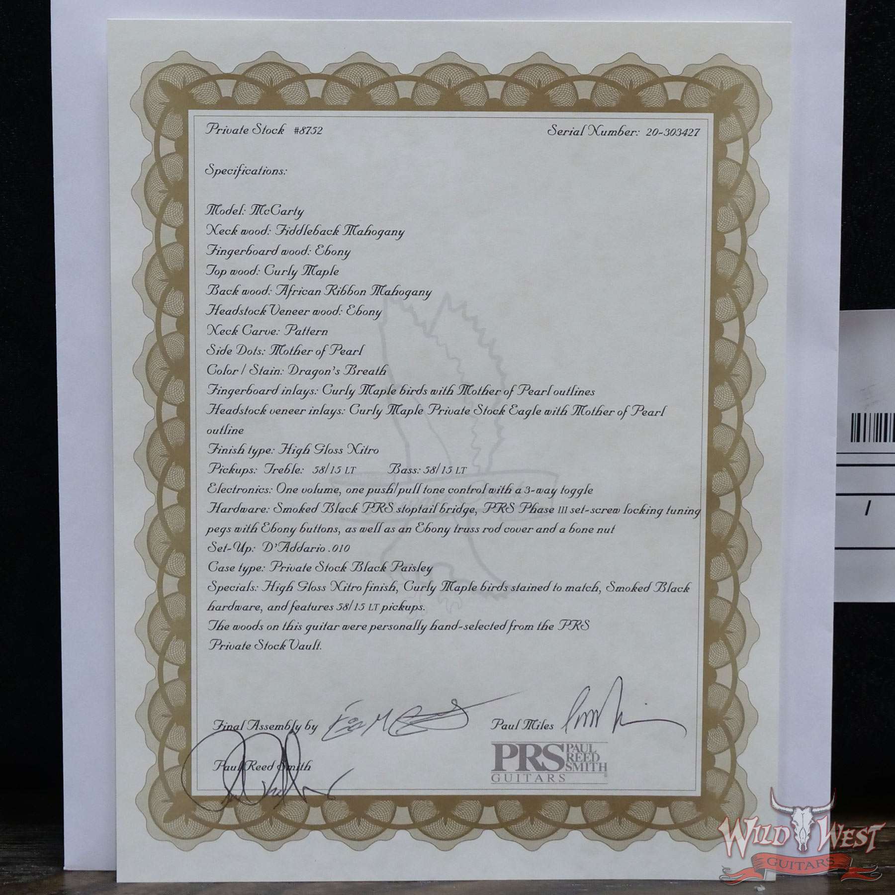 prs-ps8752-cu22-303427-coa__wwg.jpg PRS Private Stock #8752 McCarty Fiddleback Mahogany Neck Ebony Fingerboard Dragon’s Breath - Image 16