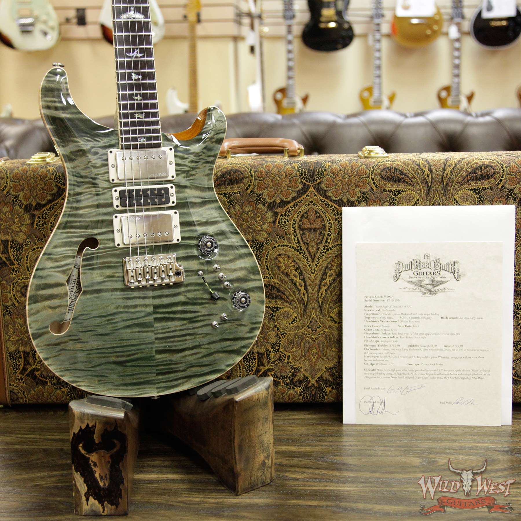 prs-supereagleii-241974-d2__wwg.jpg PRS Private Stock PS6907 John Mayer Super Eagle II Semi-Hollow Flame Maple Top and Neck Hemp Green - Image 14