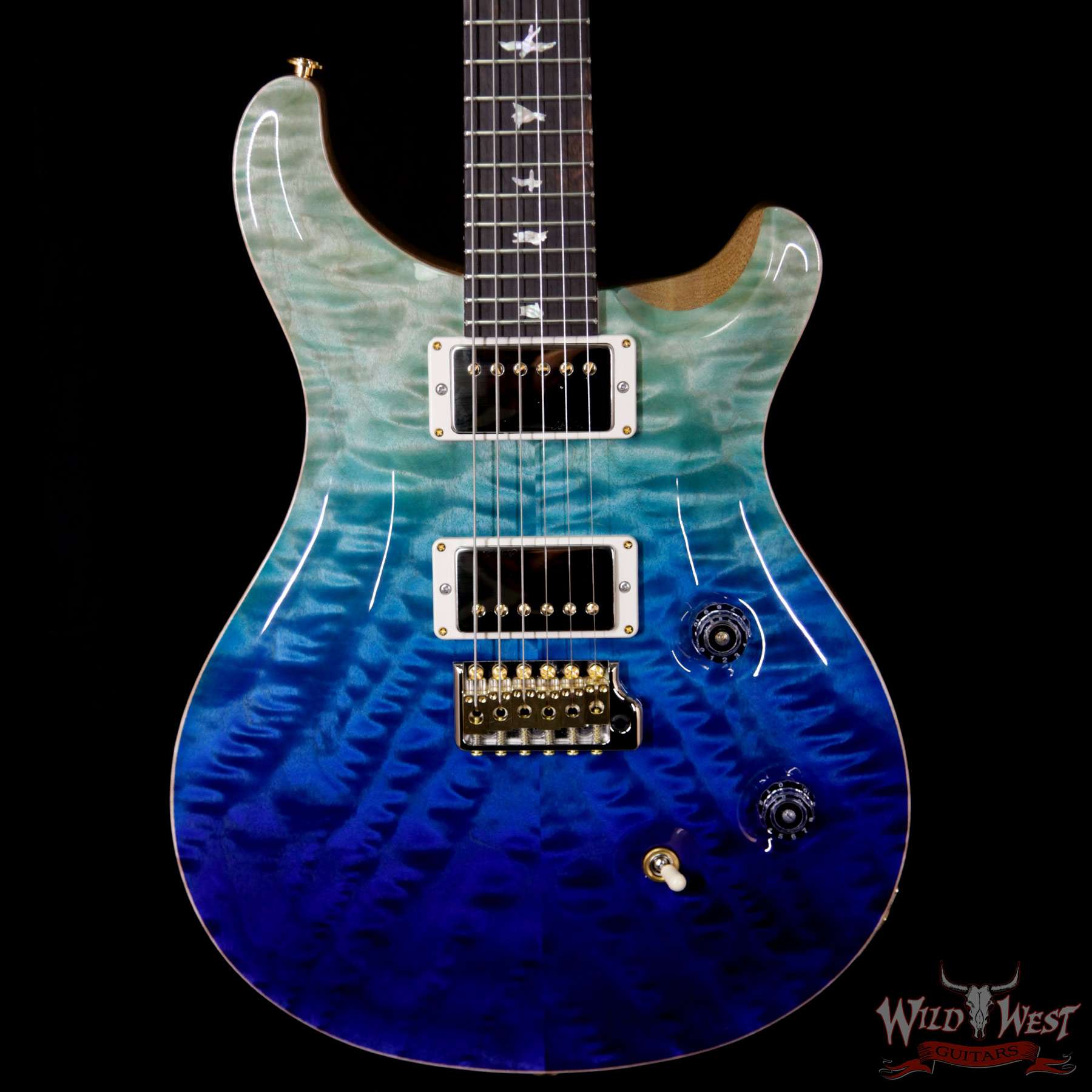 prs-wl-10top-qt-cu24fatback-blue-fade-251819-bbf__wwg.jpg PRS Wood Library 10 Top Custom 24 Fatback Quilt Top Flame Neck Korina Brazilian Rosewood Board Blue Fade - Image 3