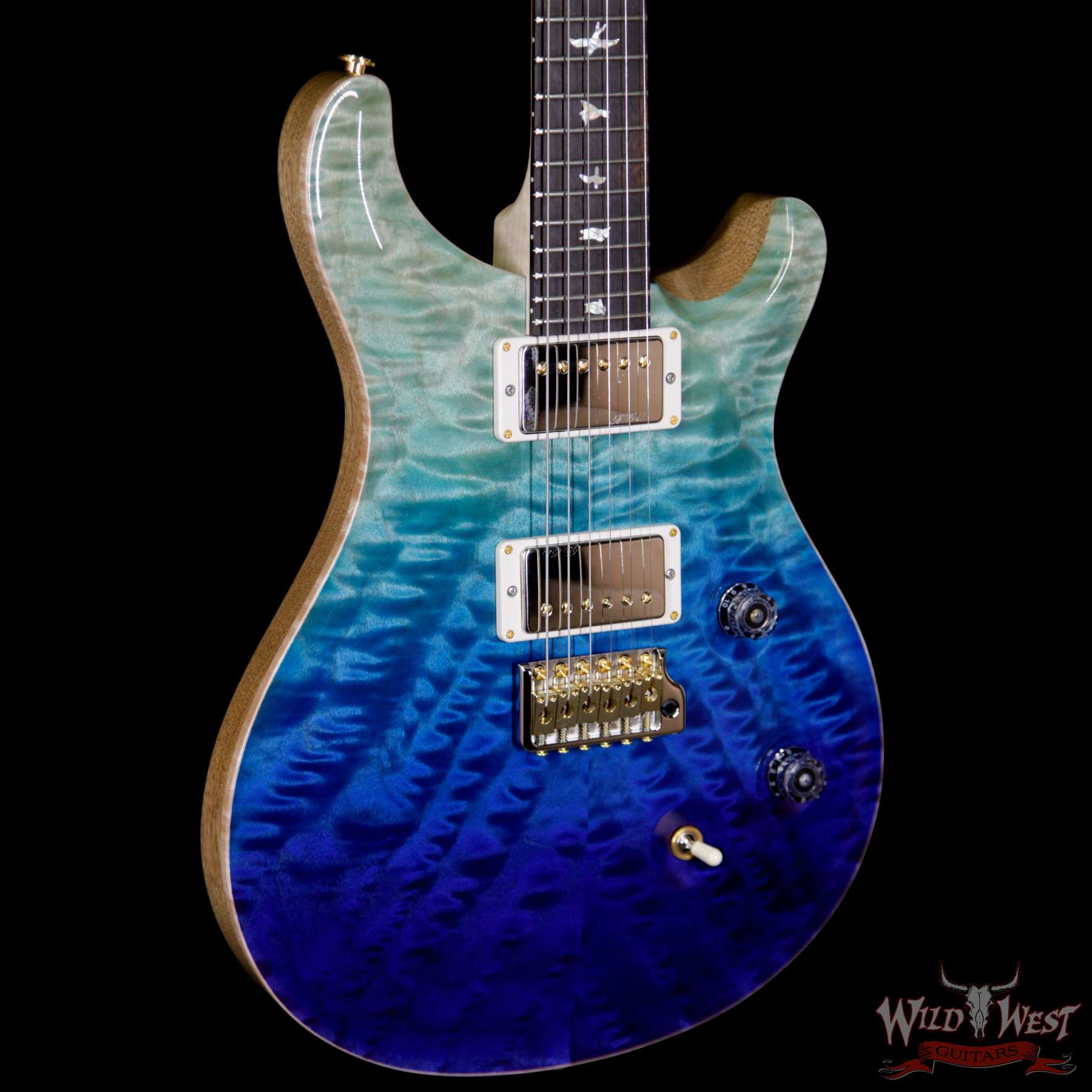 prs-wl-10top-qt-cu24fatback-blue-fade-251819-bl__wwg.jpg PRS Wood Library 10 Top Custom 24 Fatback Quilt Top Flame Neck Korina Brazilian Rosewood Board Blue Fade - Image 4
