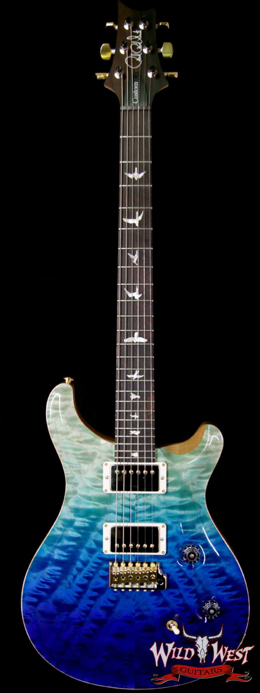 prs-wl-10top-qt-cu24fatback-blue-fade-251819-main-2__wwg_large.jpg PRS Wood Library 10 Top Custom 24 Fatback Quilt Top Flame Neck Korina Brazilian Rosewood Board Blue Fade - Image 1