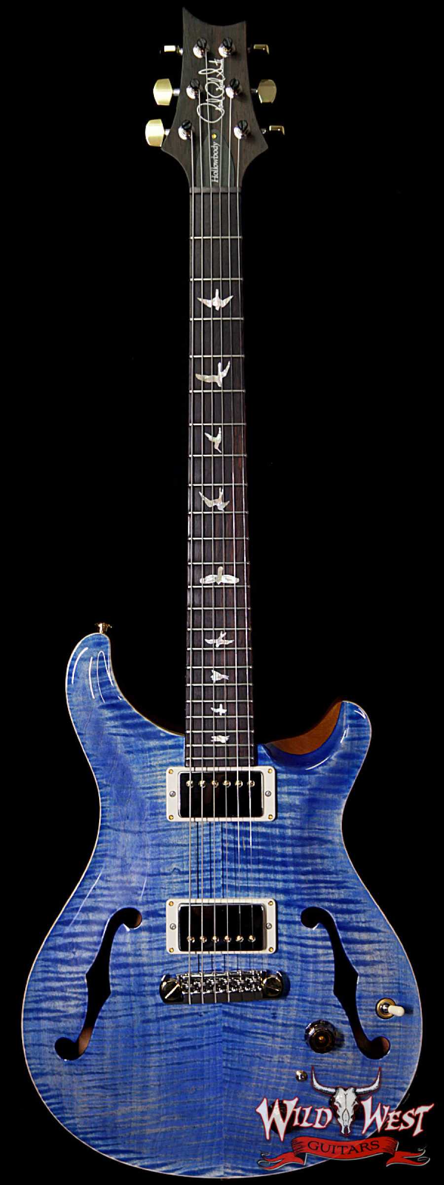 prs-wl-f10-hbi-brz-fadedbluejean-253055-main__wwg_large-1.jpg PRS Wood Library Flame 10 Top Hollowbody HB1 Piezo Brazilian Rosewood Board Faded Blue Jean - Image 1