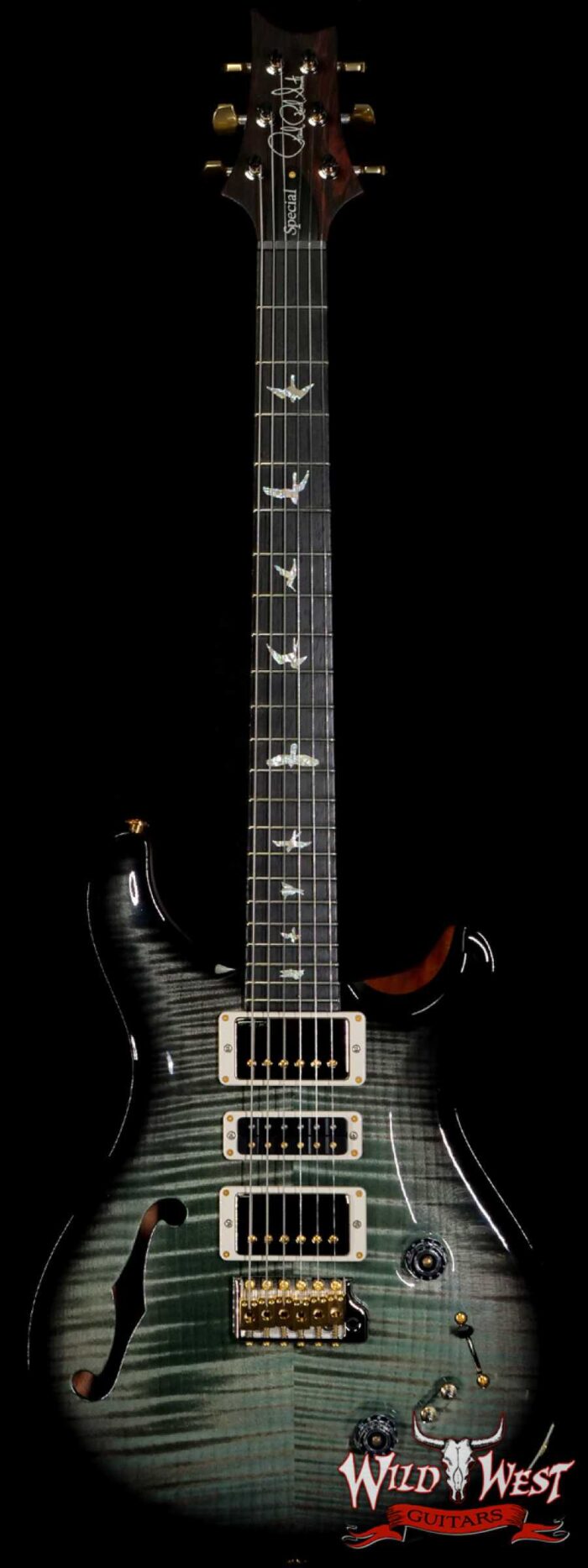PRS Wood Library 10 Top Special 22 Semi-Hollow Flame Mahogany Neck Brazilian Rosewood Board Trampas Green Smokeburst - Image 1