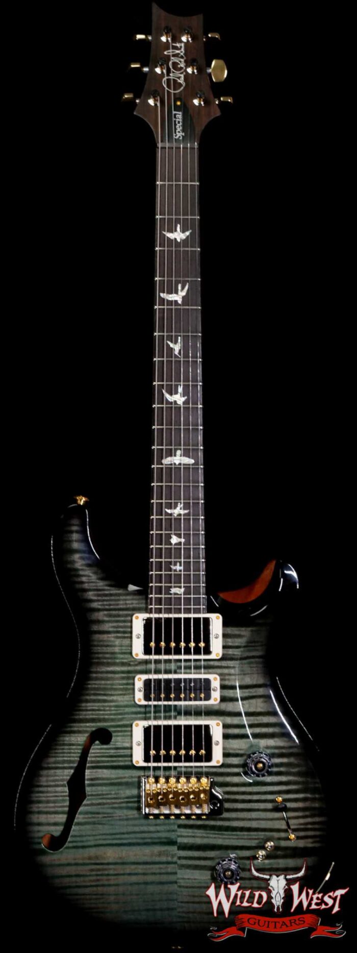 PRS Wood Library 10 Top Special 22 Semi-Hollow Flame Maple Neck with Brazilian Rosewood Board Trampas Green Smokeburst - Image 1