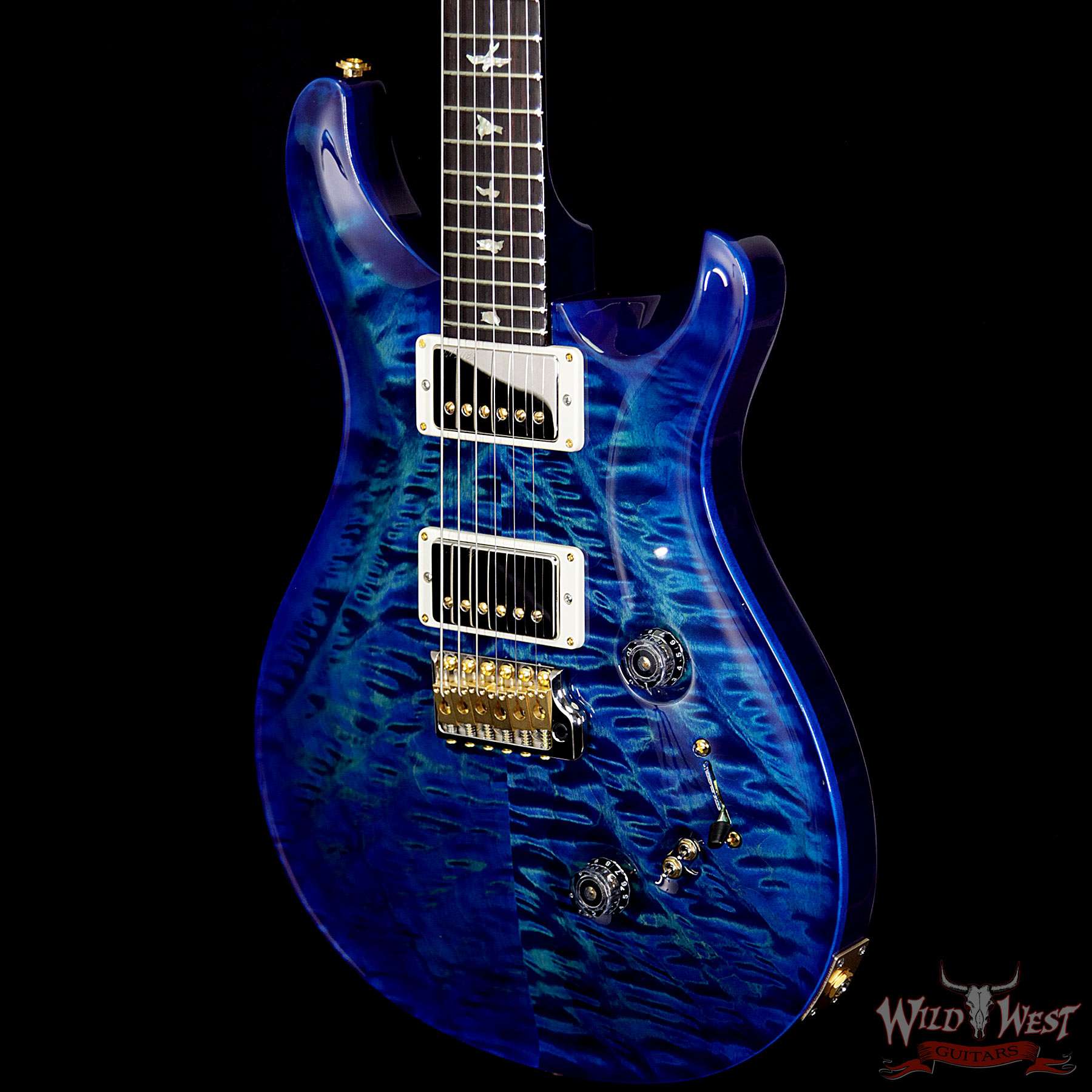prs-wl-q10-cu2408-fmahbrz-riverblue-254573-br__wwg.jpg PRS Wood Library 10 Top Custom 24/08 Quilt Top Flame Maple Neck Brazilian Rosewood Board Blue Wrapburst - Image 2