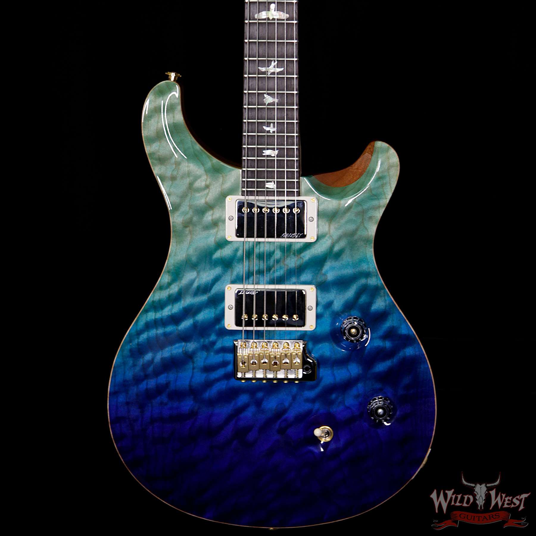 prs-wlq10-cu24fb-birdeyebrz-bluefade-254137-bbf__wwg.jpg PRS Wood Library 10 Top Custom 24 Fatback Quilt Top Birdseye Neck Brazilian Rosewood Board Blue Fade - Image 3