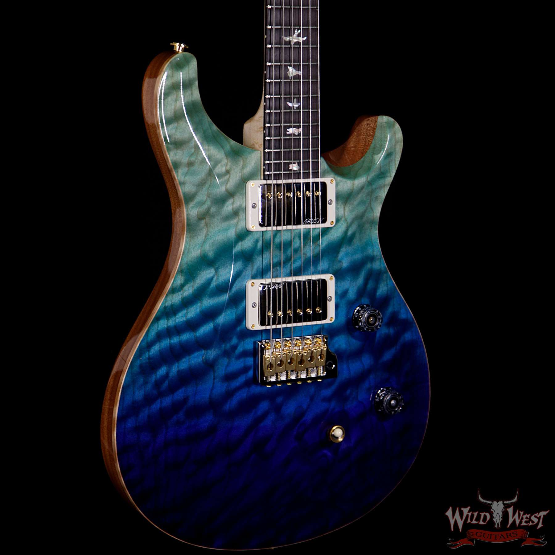 prs-wlq10-cu24fb-birdeyebrz-bluefade-254137-bl__wwg.jpg PRS Wood Library 10 Top Custom 24 Fatback Quilt Top Birdseye Neck Brazilian Rosewood Board Blue Fade - Image 4