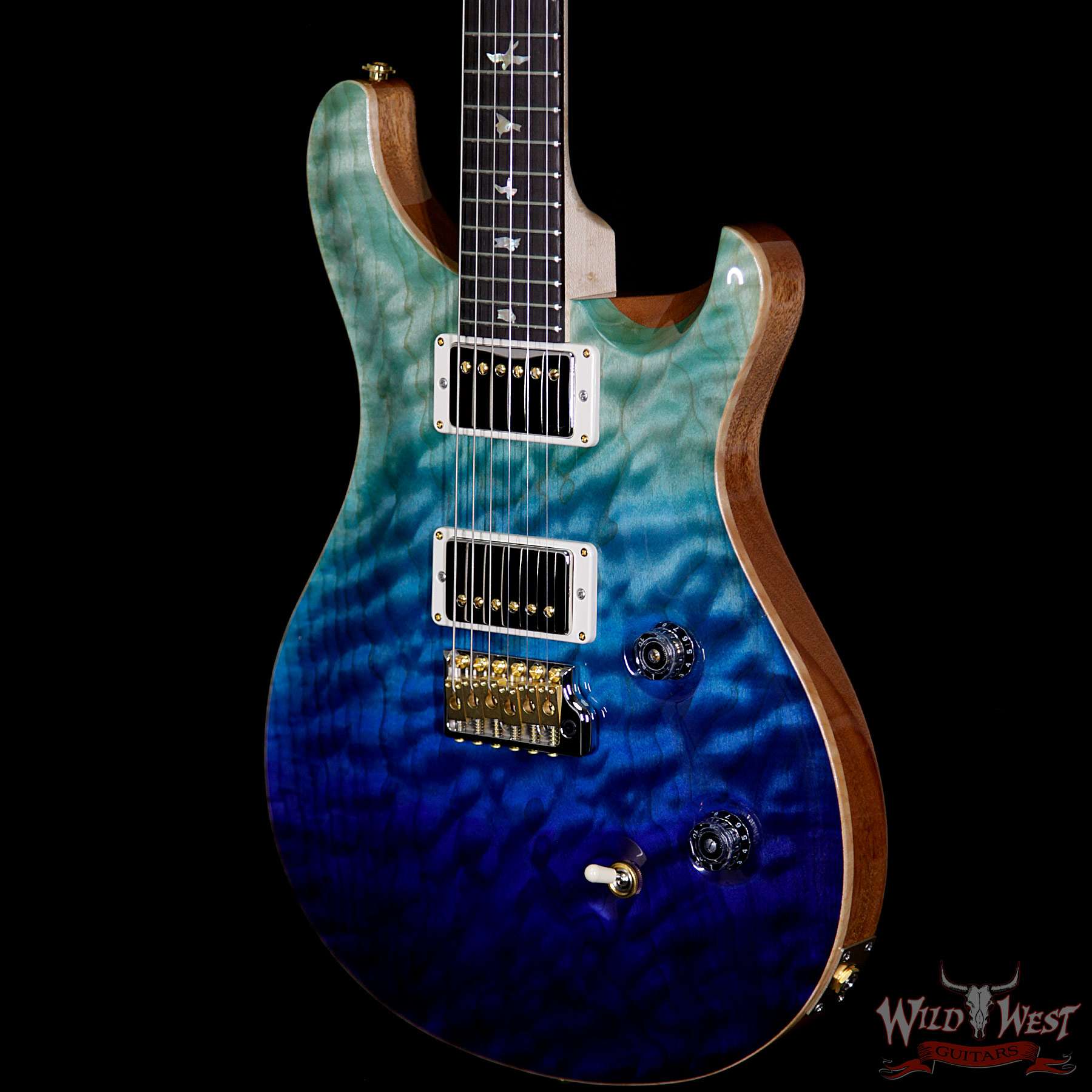 prs-wlq10-cu24fb-birdeyebrz-bluefade-254137-br__wwg.jpg PRS Wood Library 10 Top Custom 24 Fatback Quilt Top Birdseye Neck Brazilian Rosewood Board Blue Fade - Image 2