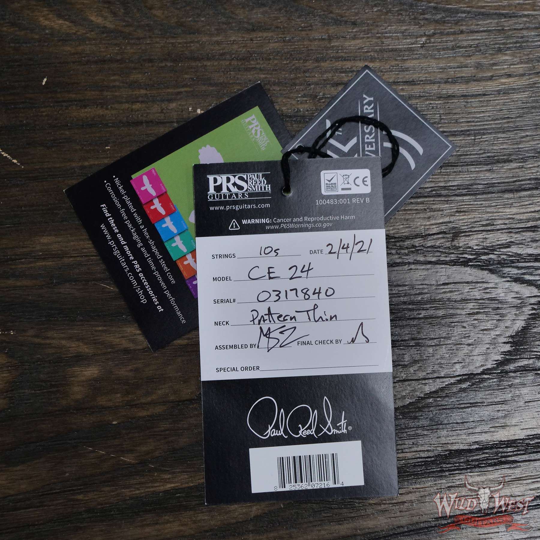 prs-wwg-ce24-blue-314505-coa__wwg.jpg Paul Reed Smith PRS Wild West Guitars Special Run Flame Top Black Neck CE 24 Violin Amber Burst (Blemish) - Image 12