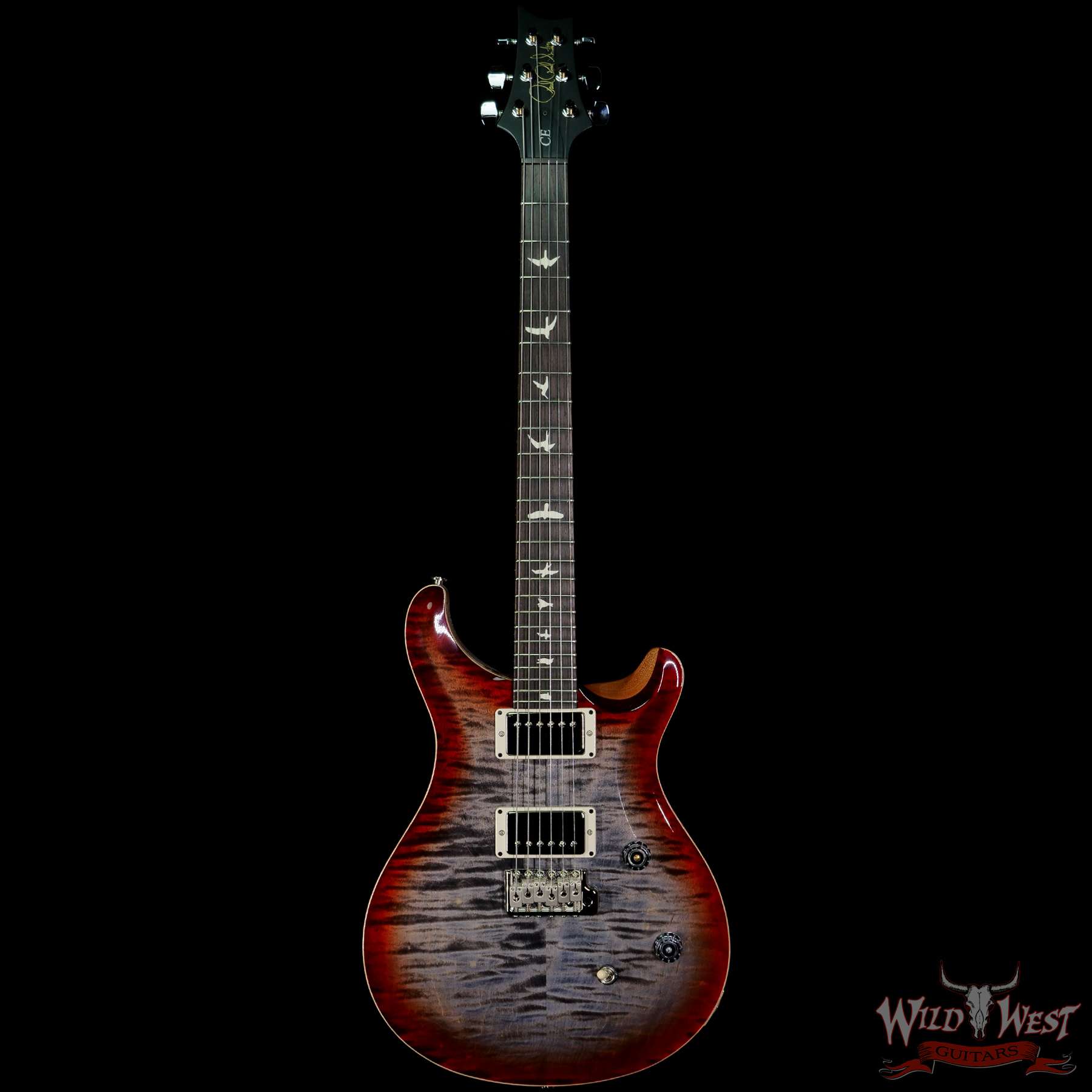 prs-wwg-ce24-cherry-316906-f__wwg.jpg PRS Wild West Guitars Special Run Flame Top Black Neck CE 24 Faded Gray Black Cherry Burst 316906 - Image 3