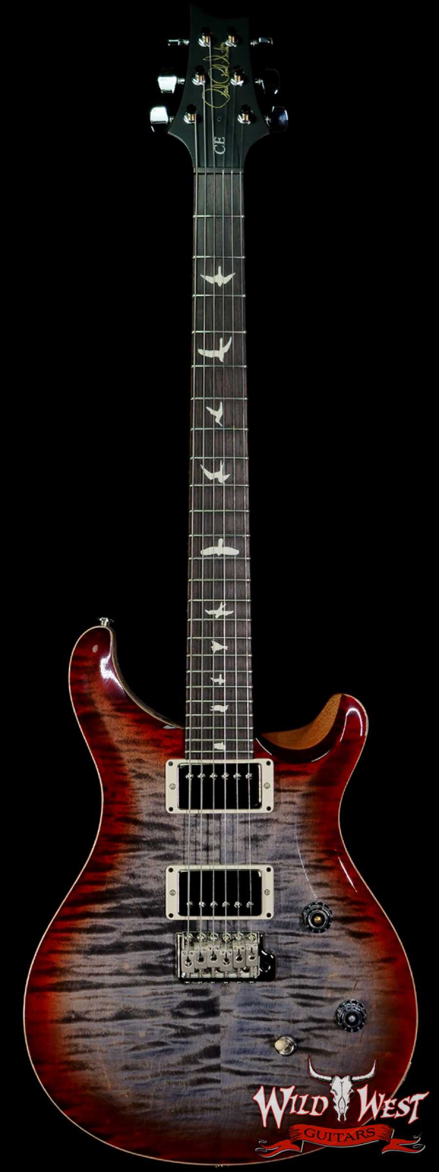 prs-wwg-ce24-cherry-316906-main__wwg_large.jpg PRS Wild West Guitars Special Run Flame Top Black Neck CE 24 Faded Gray Black Cherry Burst 316906 - Image 1