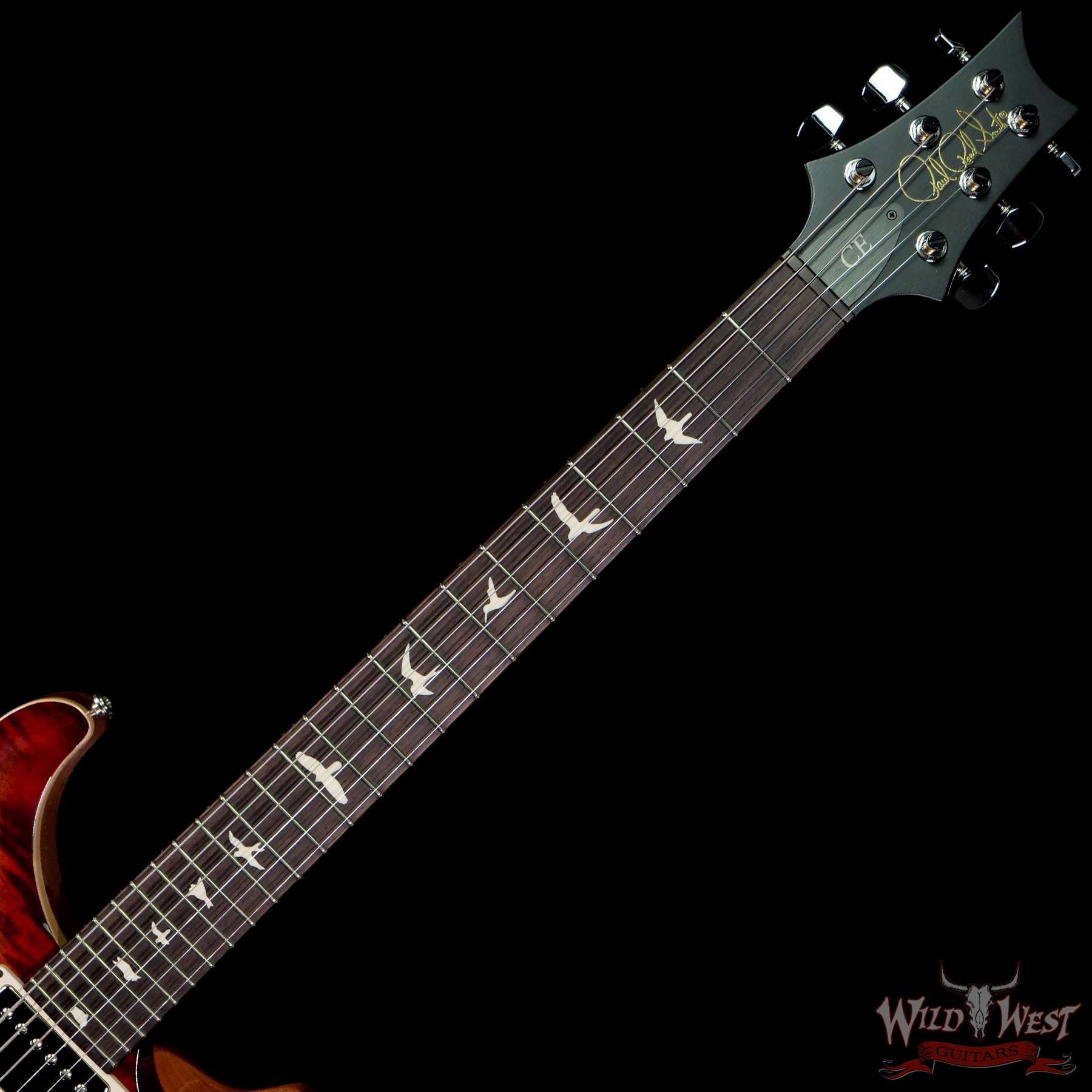 prs-wwg-ce24-cherry-316906-nf__wwg.jpg PRS Wild West Guitars Special Run Flame Top Black Neck CE 24 Faded Gray Black Cherry Burst 316906 - Image 4