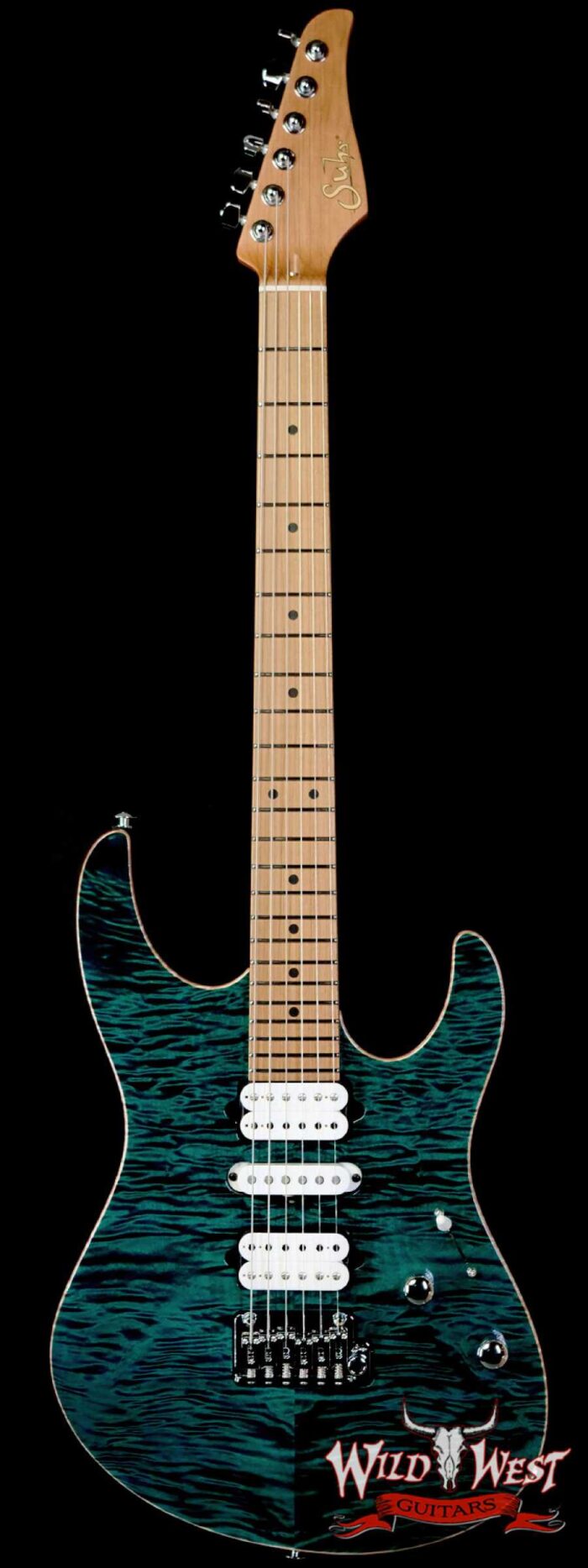 Suhr Custom Modern HSH Flame Maple Top Roasted Maple Neck Trans Teal 7.05 LBS - Image 1