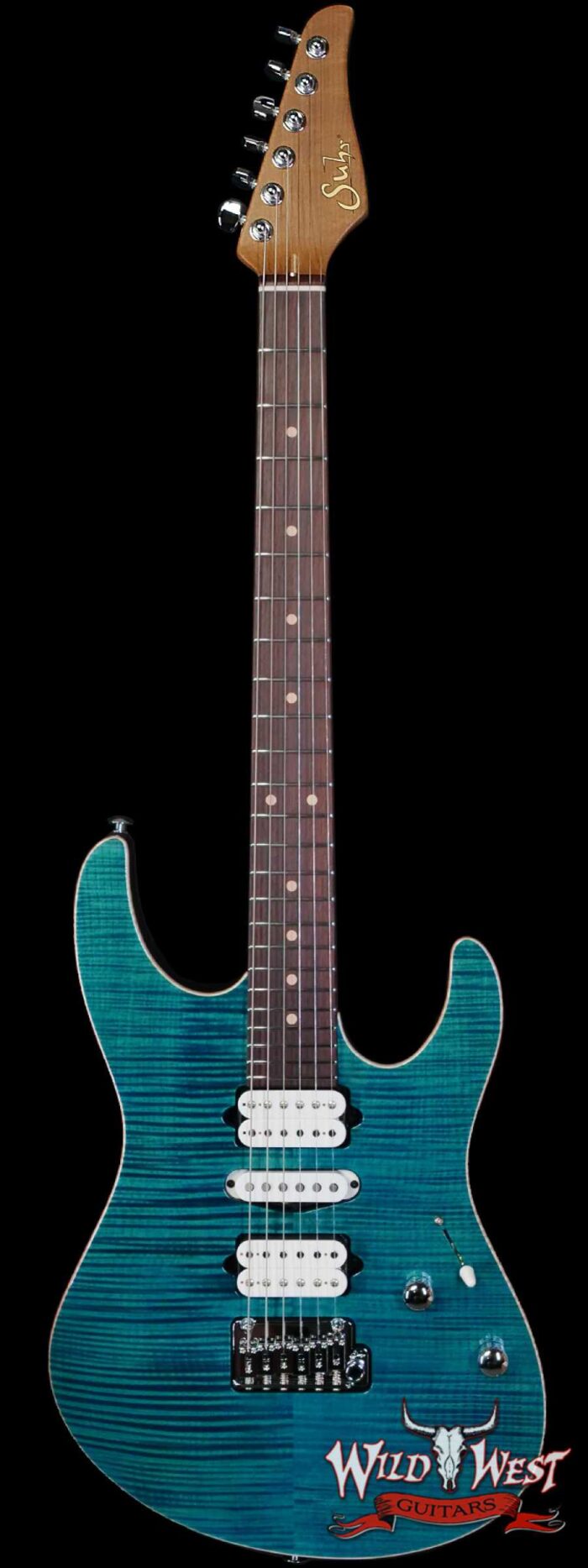 Suhr Custom Modern HSH Basswood Body with Flame Maple Top Roasted Maple Neck Trans Teal 6.80 lbs - Image 1