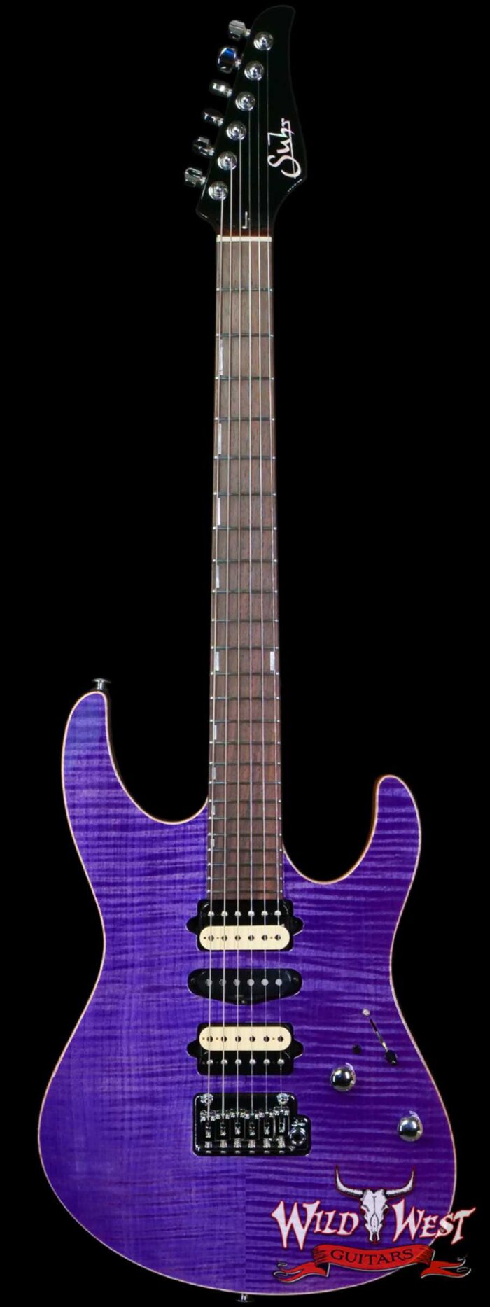 Suhr Custom Set Neck Modern HSH Flame Maple Top Mahogany Body & Neck Blower Switch 24 Stainless Steel Jumbo Frets Trans Purple 6.95 LBS - Image 1