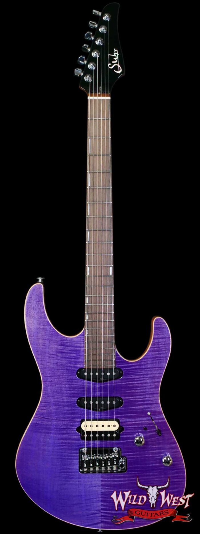 Suhr Custom Set Neck Modern HSS Flame Maple Top SSCII System Blower Switch 24 Stainless Steel Jumbo Frets Trans Purple 6.95 LBS - Image 1