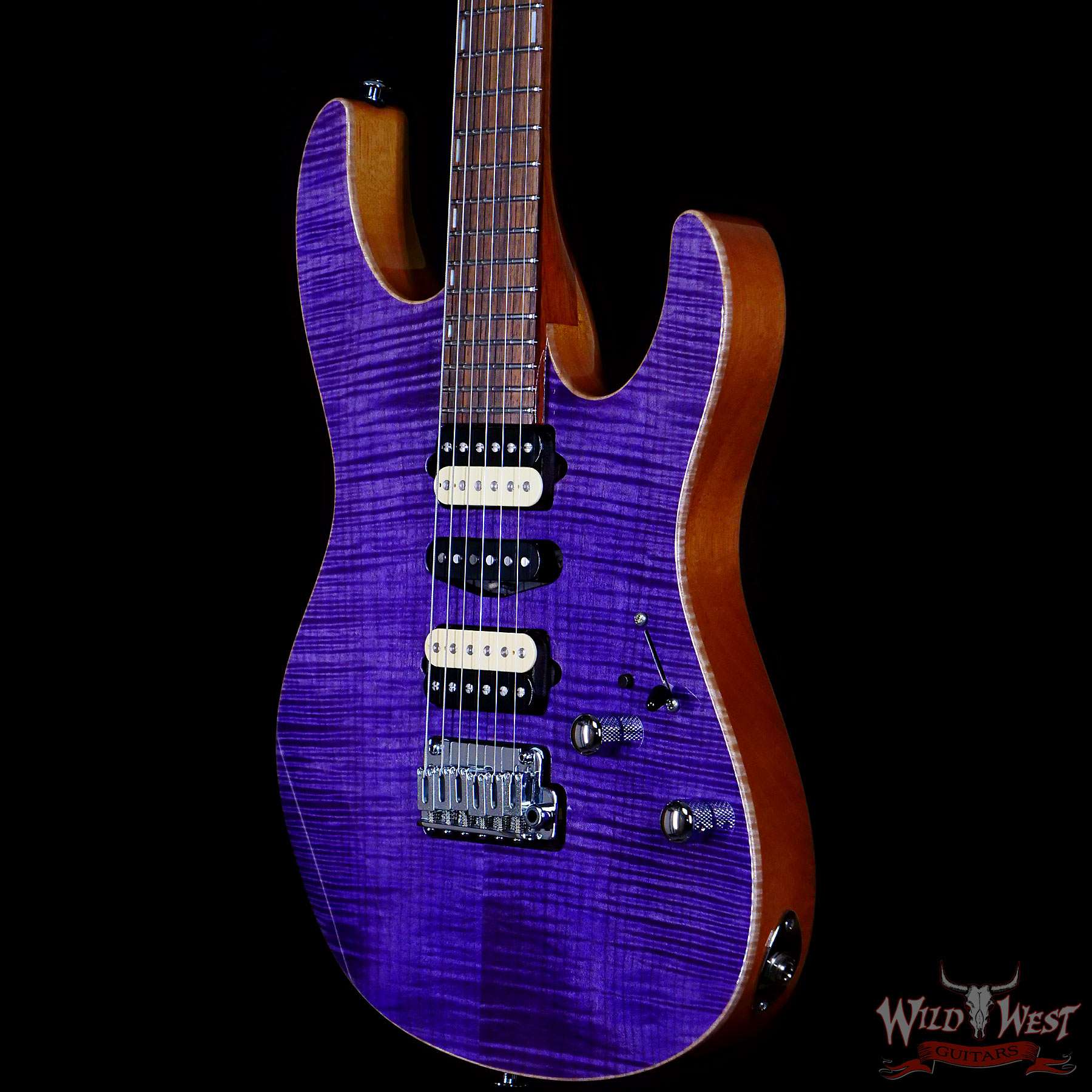 suhr-modernsetneck-transpurple-js5l2u-br__wwg.jpg Suhr Custom Modern Set Neck HSH Flame Maple Top Indian Rosewood Fingerboard Trans Purple w/ Blower Switch - Image 2
