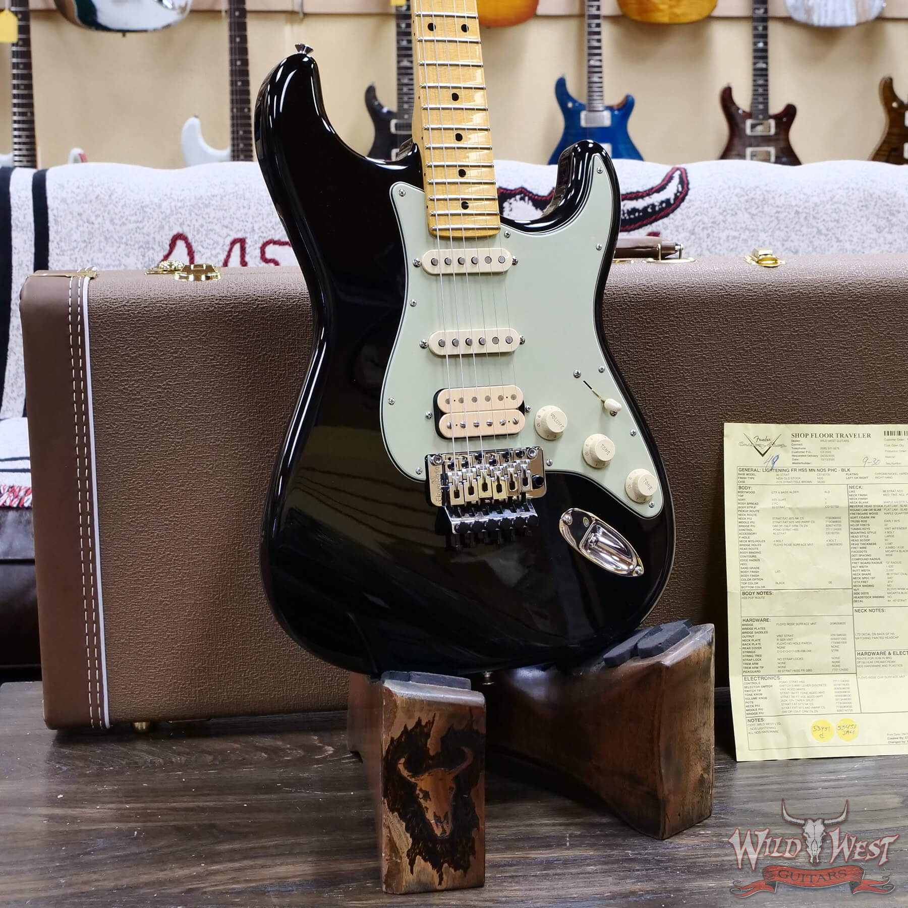 FenderCS-R148567-D3 Fender Custom Shop Wild West Lightning Stratocaster Floyd Rose HSS Maple Neck Matching Color Large Headstock 22 Frets NOS Black 8.25 lbs - Image 8