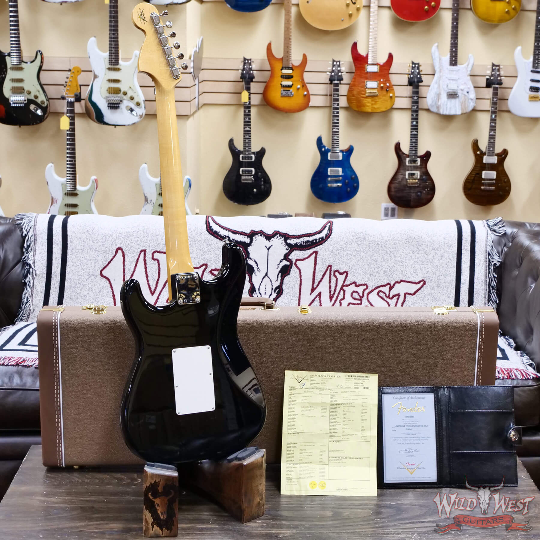 FenderCS-R148567-D4 Fender Custom Shop Wild West Lightning Stratocaster Floyd Rose HSS Maple Neck Matching Color Large Headstock 22 Frets NOS Black 8.25 lbs - Image 9