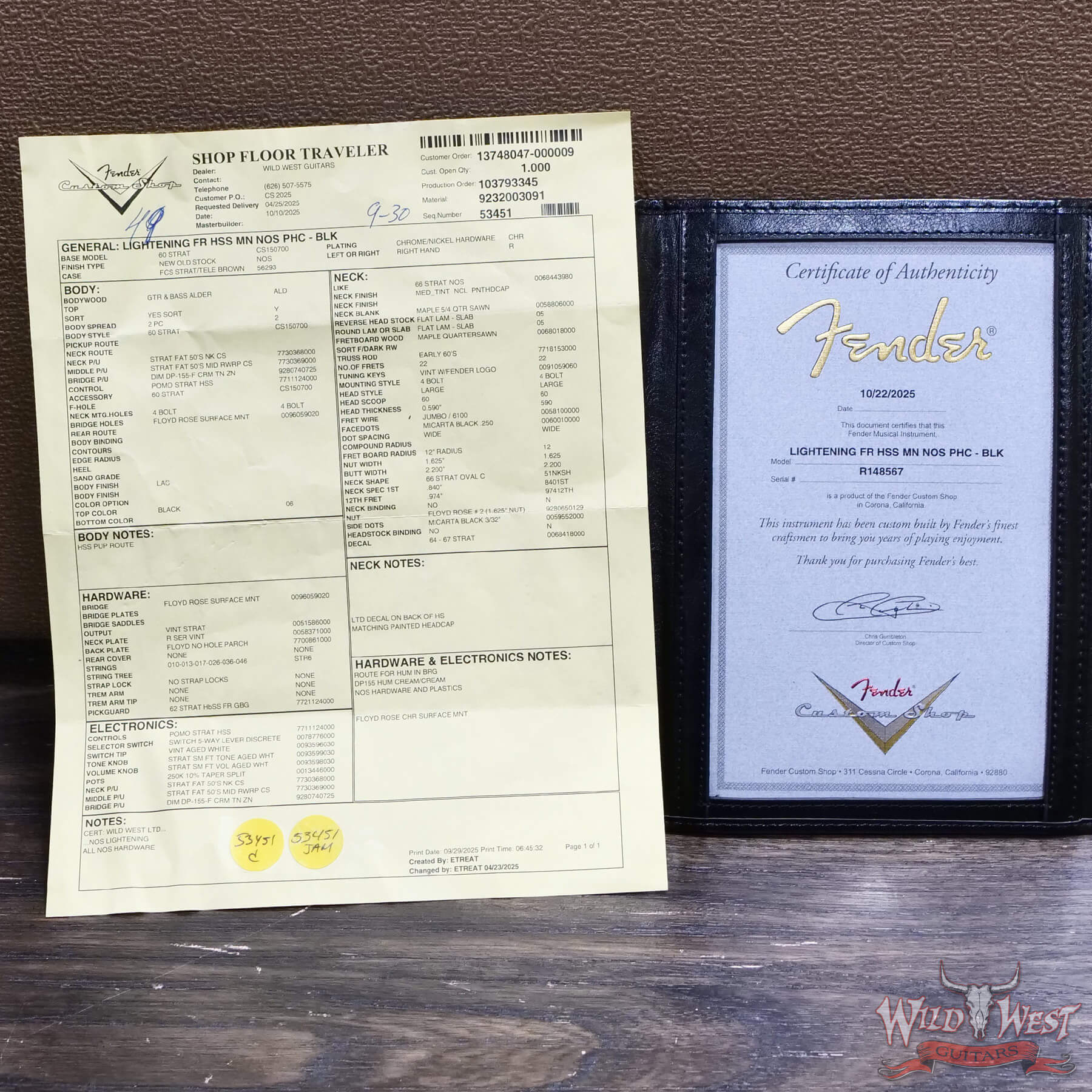 FenderCS-R148567-D7 Fender Custom Shop Wild West Lightning Stratocaster Floyd Rose HSS Maple Neck Matching Color Large Headstock 22 Frets NOS Black 8.25 lbs - Image 12